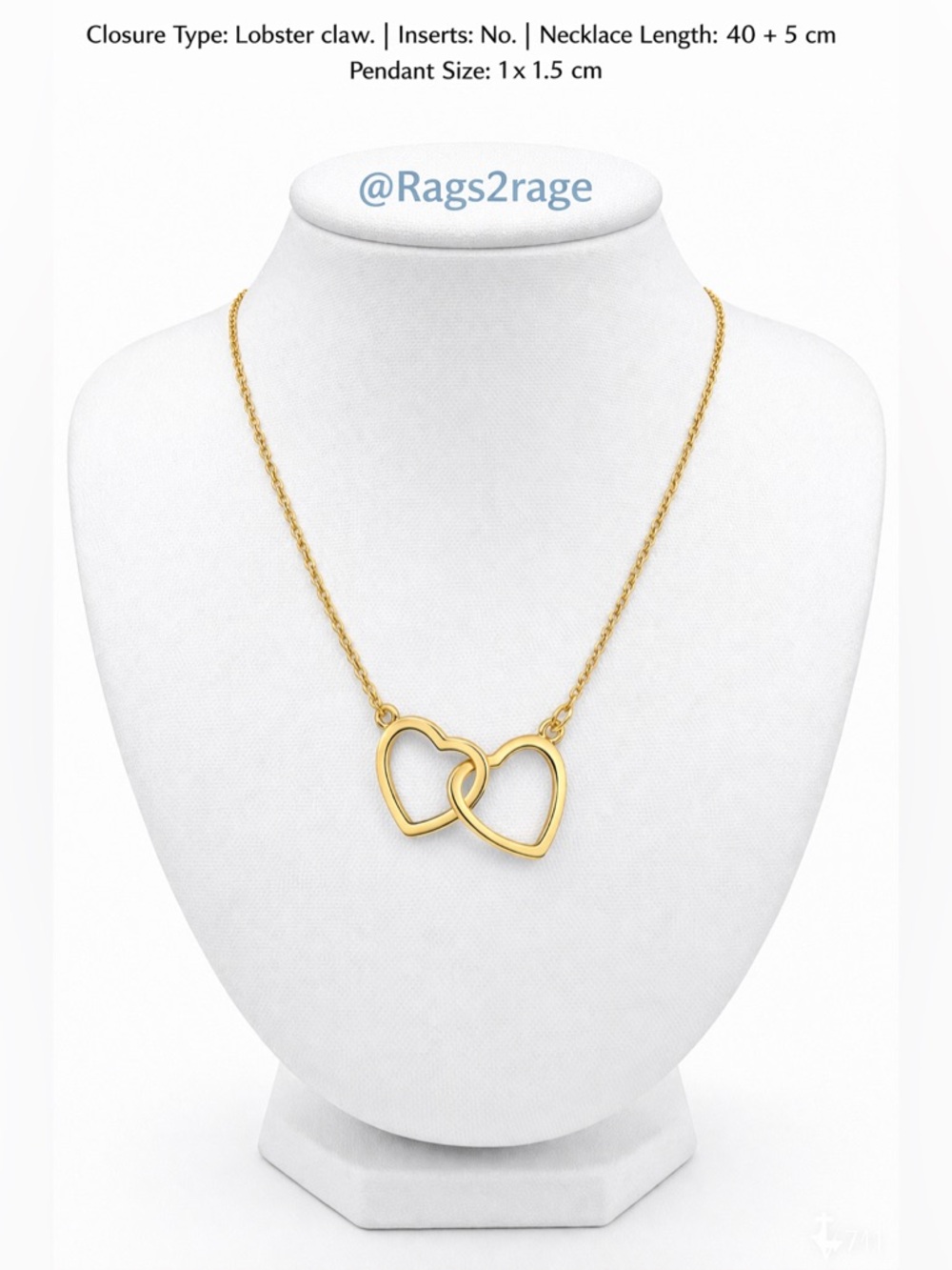 18K Gold Plated Double Heart Necklace Stainless Steel Interlocking Heart Pendant - Picture 2 of 3